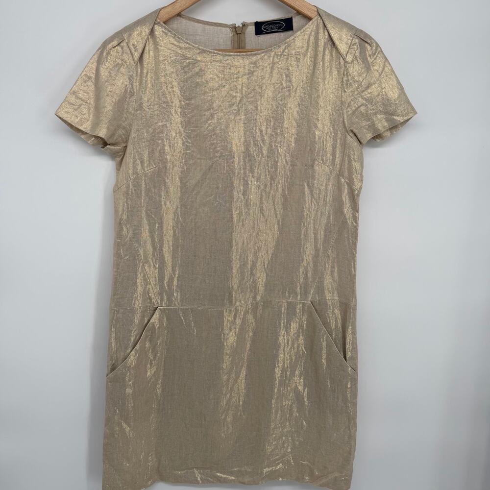 Magaschoni Shift Dress Women’s Small Gold Linen Cocktail Date Night Classic
